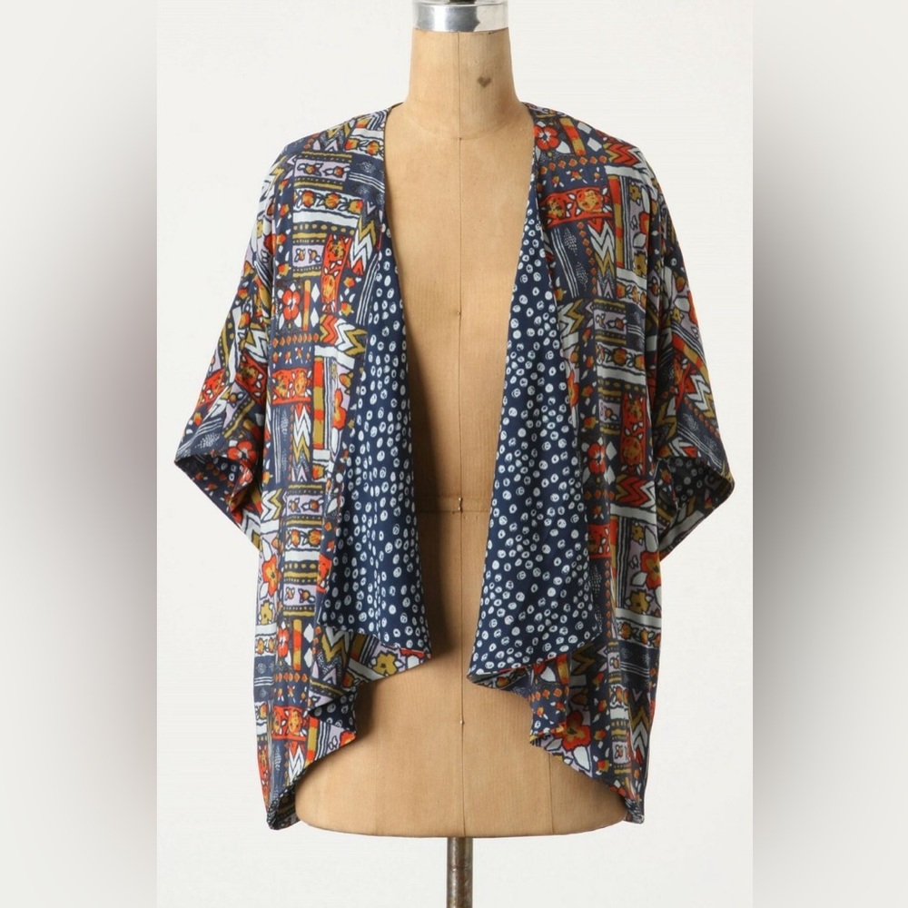 Anthropologie Multicolor Navy Red Patterned Open-Front Kimono